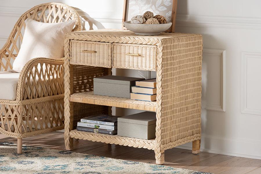 bali & pari Lanica Japandi Sun Bleached Rattan 2-Drawer Console Table FredCo