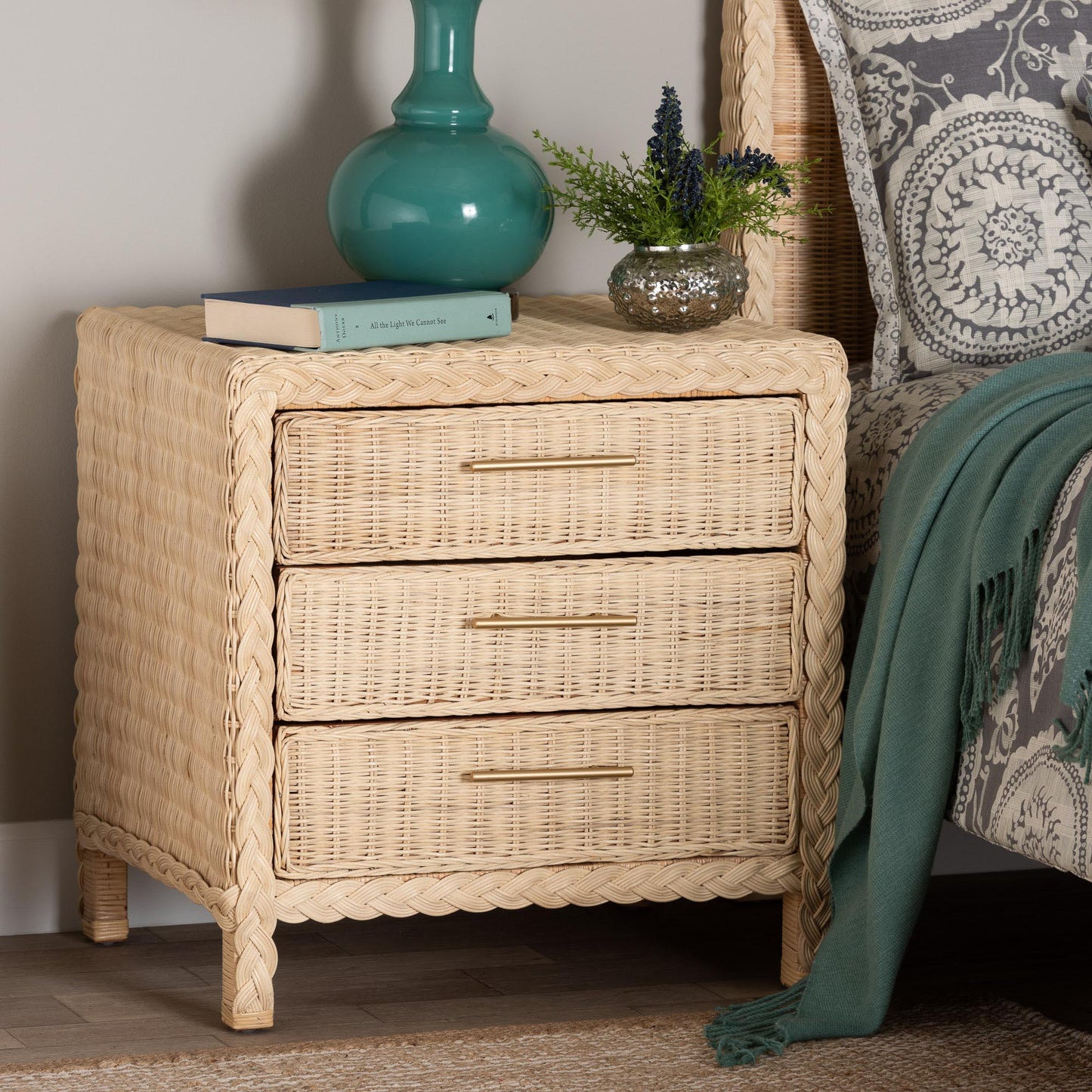 bali & pari Lanica Japandi Sun Bleached Rattan 3-Drawer Nightstand FredCo