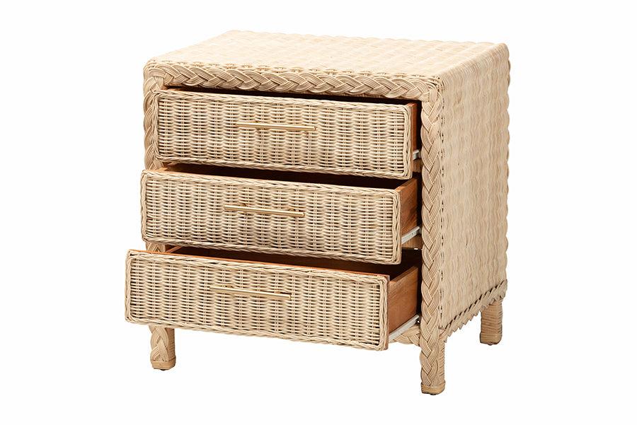 bali & pari Lanica Japandi Sun Bleached Rattan 3-Drawer Nightstand FredCo