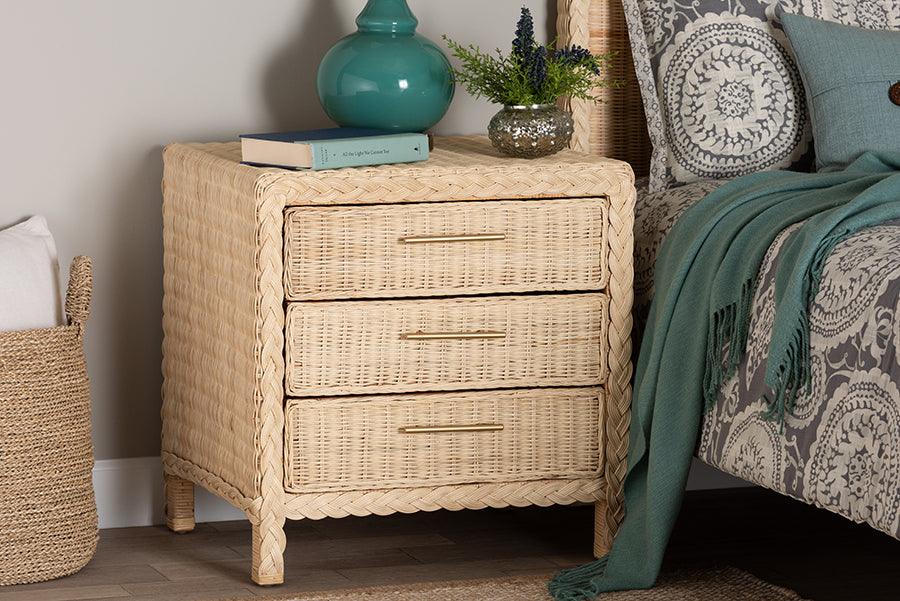 bali & pari Lanica Japandi Sun Bleached Rattan 3-Drawer Nightstand FredCo