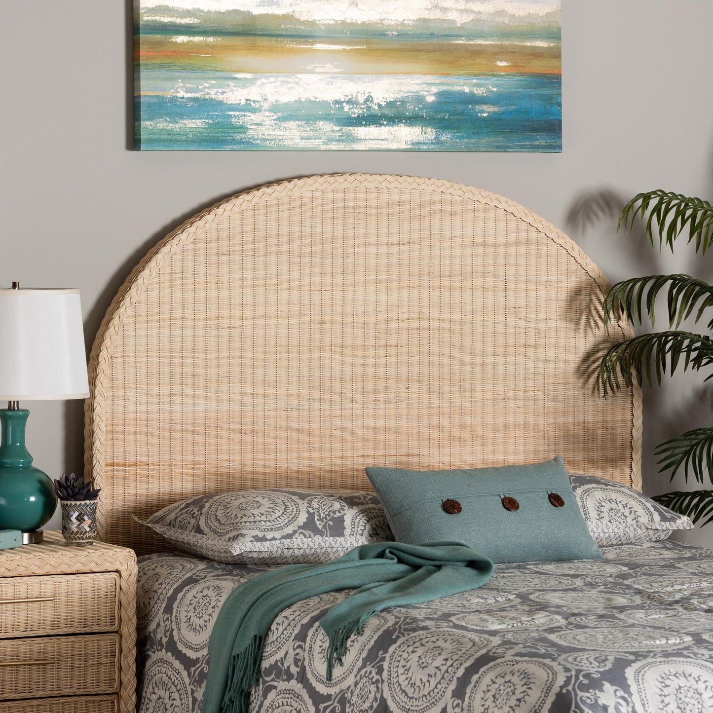 bali & pari Lanica Japandi Sun Bleached Rattan Queen Size Standalone Headboard FredCo