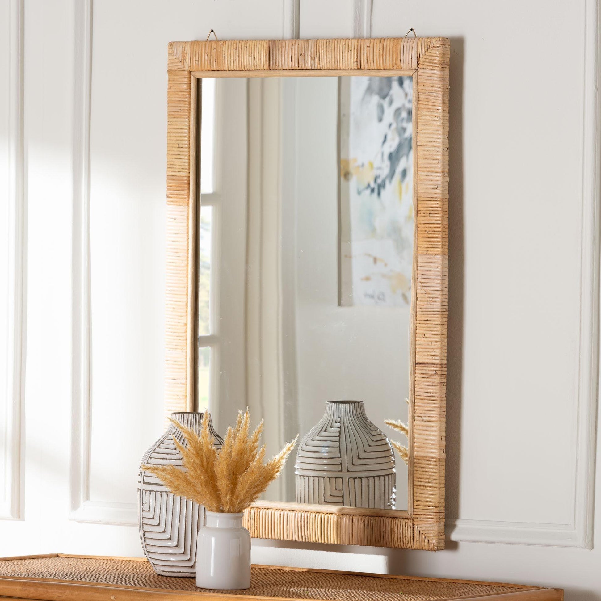 bali & pari Lankston Bohemian Natural Rattan Rectangle Accent Wall Mirror FredCo