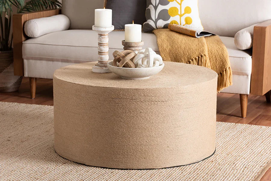 bali & pari Lapis Handwoven Jute Coffee Table - Boho Round Centerpiece with Natural Fiber Texture, Handcrafted Coastal Design for Living Room or Lounge Spaces FredCo