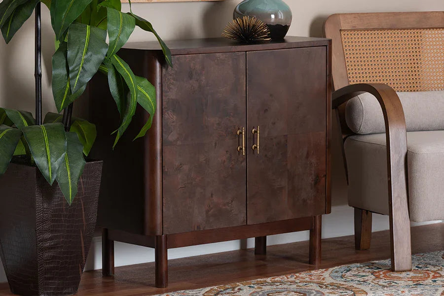 bali & pari Latika Real Burl Wood Storage Cabinet in Dark Walnut Brown - Modern Accent Cupboard with Double Doors and Brass Handles, Elegant Sideboard for Entryway, Living Room, or Dining Area FredCo