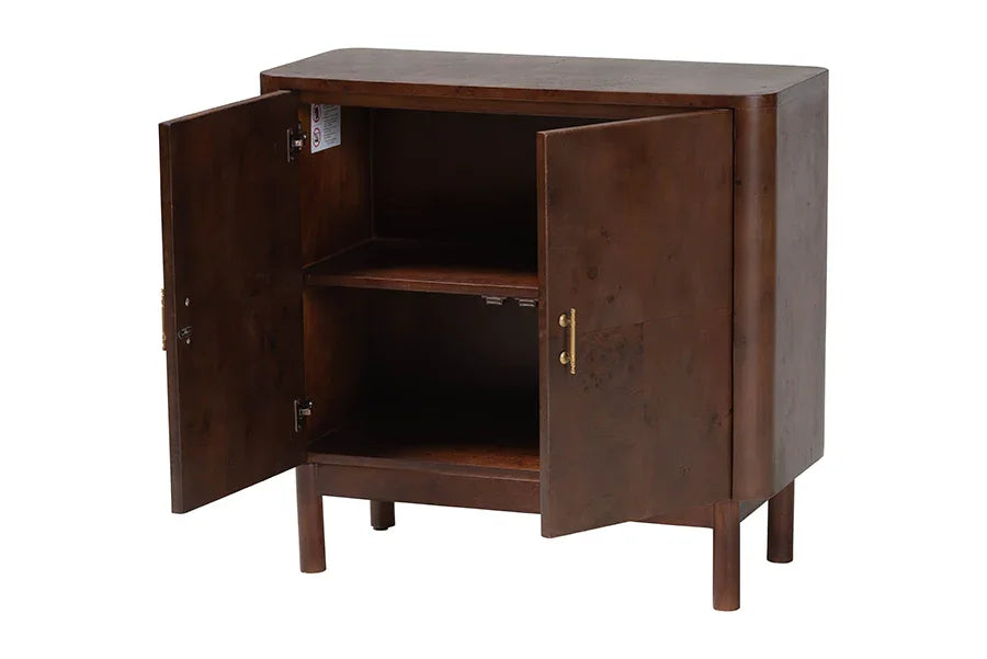 bali & pari Latika Real Burl Wood Storage Cabinet in Dark Walnut Brown - Modern Accent Cupboard with Double Doors and Brass Handles, Elegant Sideboard for Entryway, Living Room, or Dining Area FredCo
