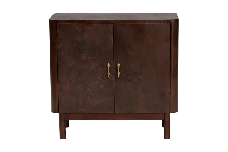 bali & pari Latika Real Burl Wood Storage Cabinet in Dark Walnut Brown - Modern Accent Cupboard with Double Doors and Brass Handles, Elegant Sideboard for Entryway, Living Room, or Dining Area FredCo