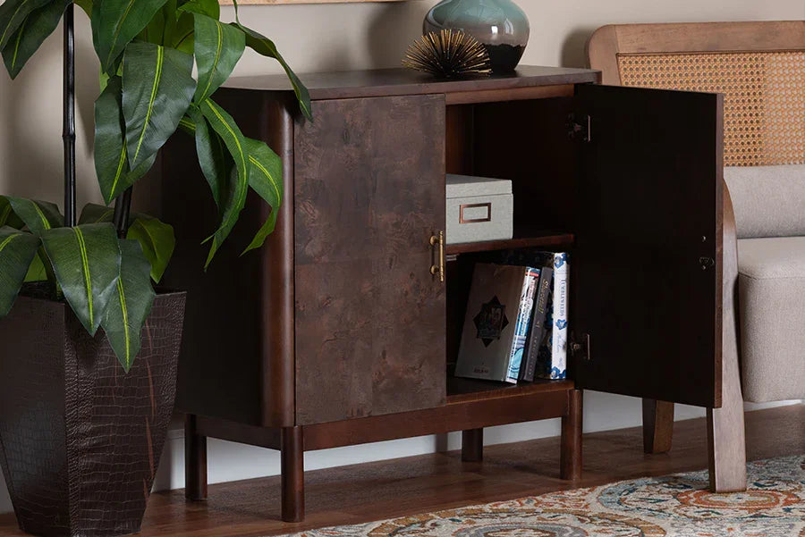 bali & pari Latika Real Burl Wood Storage Cabinet in Dark Walnut Brown - Modern Accent Cupboard with Double Doors and Brass Handles, Elegant Sideboard for Entryway, Living Room, or Dining Area FredCo