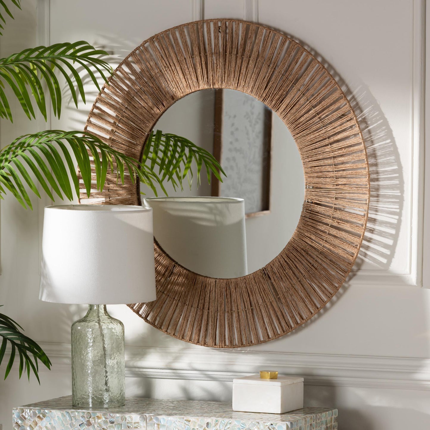 bali & pari Leala Modern Bohemian Metal and Natural Brown Seagrass Accent Wall Mirror FredCo