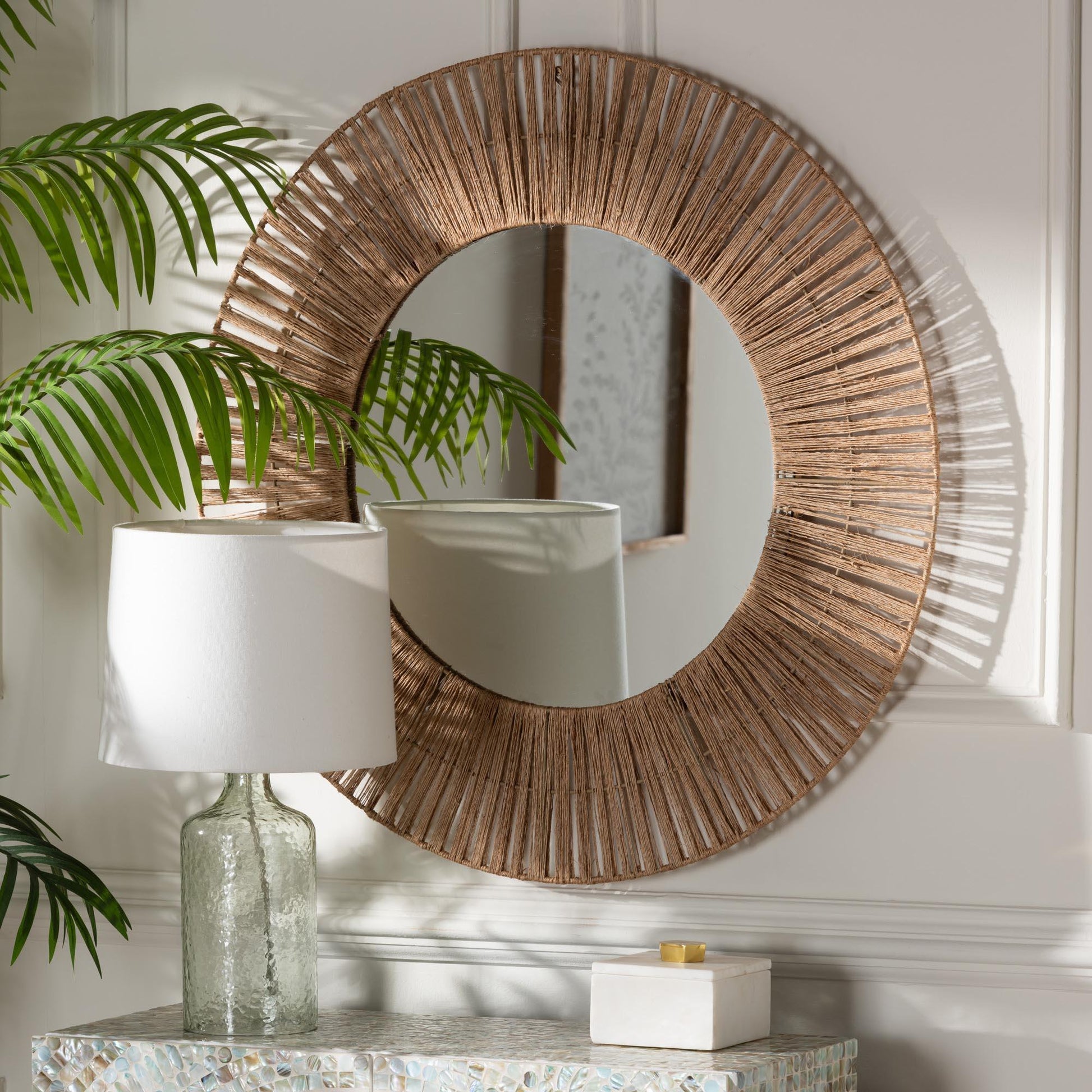 bali & pari Leala Modern Bohemian Metal and Natural Brown Seagrass Accent Wall Mirror FredCo