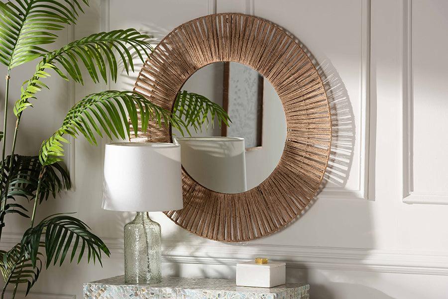 bali & pari Leala Modern Bohemian Metal and Natural Brown Seagrass Accent Wall Mirror FredCo