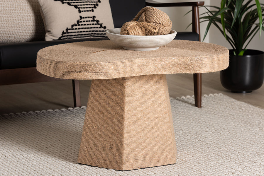 Bali & Pari Lenka Natural Jute Round Coffee Table – Handwoven Textured Cocktail Table with Sculptural Base FredCo