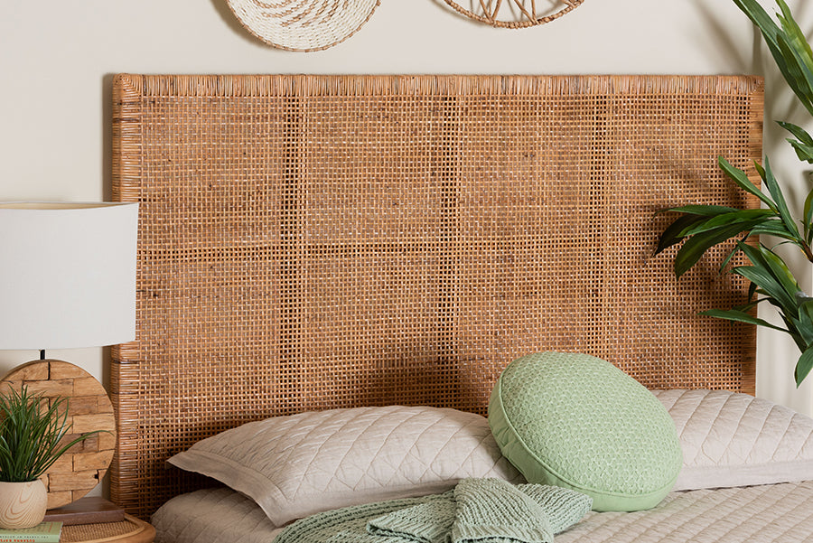 bali & pari Lesia Bohemian Natural Rattan and Mahogany Wood Queen Size Headboard FredCo
