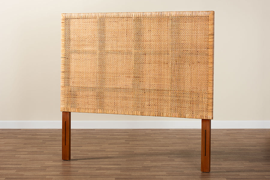 bali & pari Lesia Bohemian Natural Rattan and Mahogany Wood Queen Size Headboard FredCo