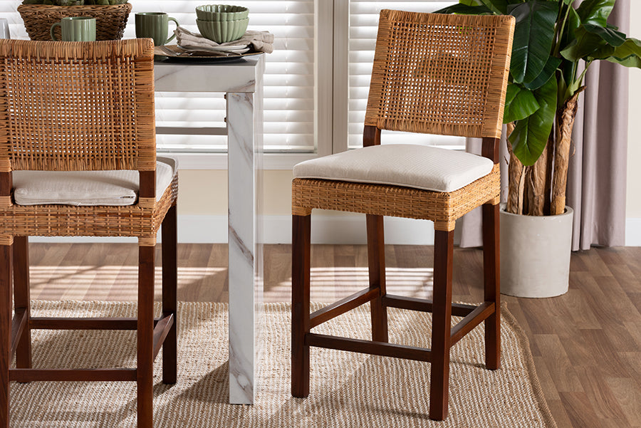Bali & Pari Lesia Natural Rattan Counter Stool with Cushion – Handwoven Wicker & Mahogany Frame, Coastal Kitchen Bar Seating FredCo