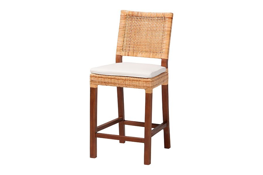 Bali & Pari Lesia Natural Rattan Counter Stool with Cushion – Handwoven Wicker & Mahogany Frame, Coastal Kitchen Bar Seating FredCo