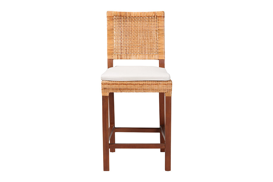 Bali & Pari Lesia Natural Rattan Counter Stool with Cushion – Handwoven Wicker & Mahogany Frame, Coastal Kitchen Bar Seating FredCo