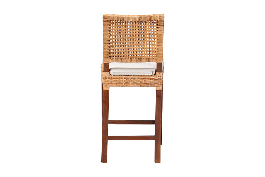 Bali & Pari Lesia Natural Rattan Counter Stool with Cushion – Handwoven Wicker & Mahogany Frame, Coastal Kitchen Bar Seating FredCo
