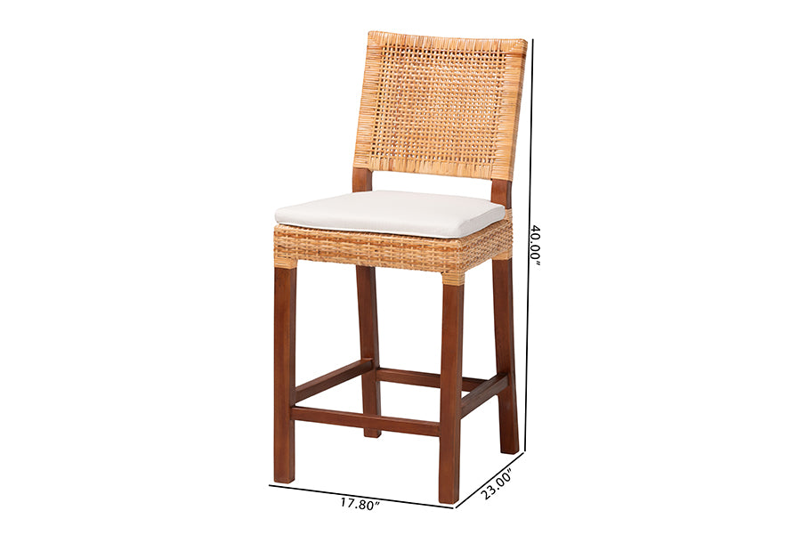 Bali & Pari Lesia Natural Rattan Counter Stool with Cushion – Handwoven Wicker & Mahogany Frame, Coastal Kitchen Bar Seating FredCo