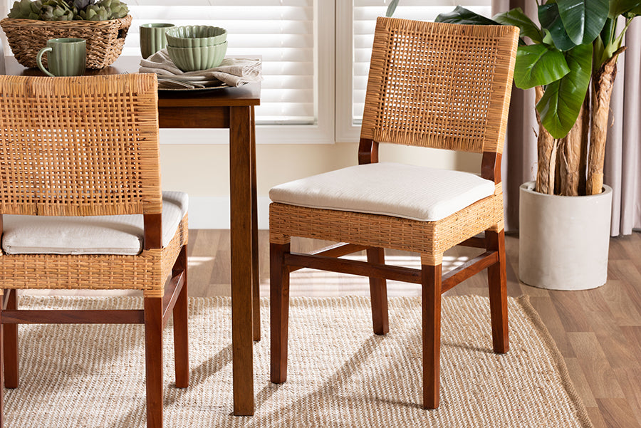 Bali & Pari Lesia Natural Rattan Side Chair with Cushion – Handwoven Wicker & Mahogany Frame, Coastal Boho Dining Seating FredCo
