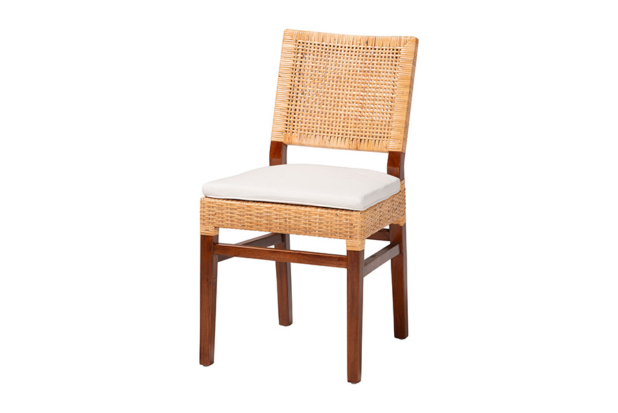 Bali & Pari Lesia Natural Rattan Side Chair with Cushion – Handwoven Wicker & Mahogany Frame, Coastal Boho Dining Seating FredCo