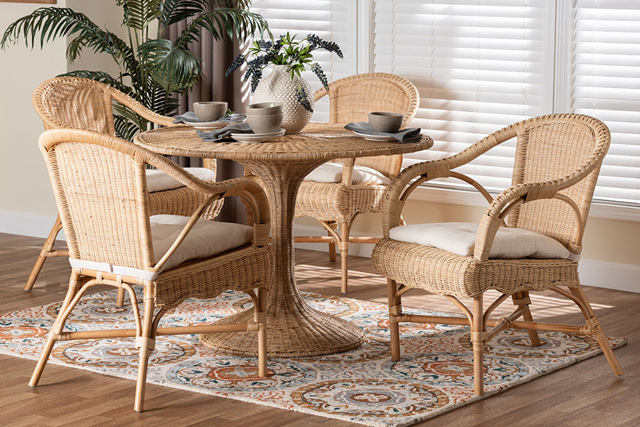 Wicker dining table set with four chairs and rug in sunlit home, FredCo International furniture