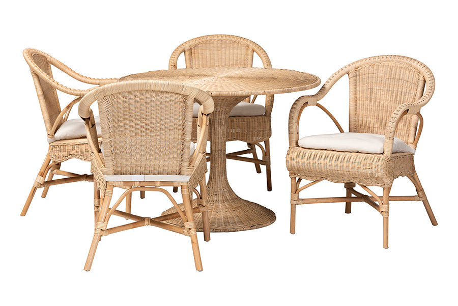 Natural rattan dining table set with four wicker chairs and white cushions, FredCo furniture
