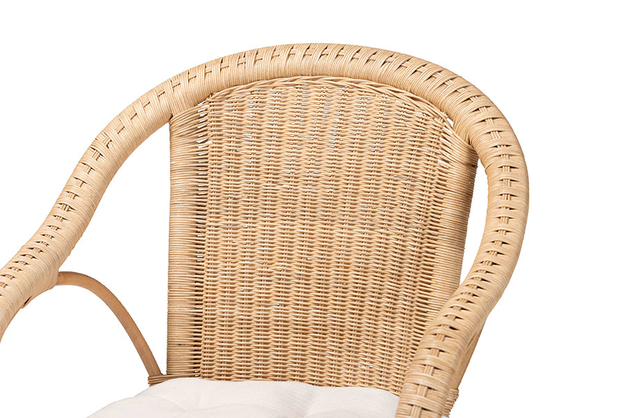 Natural rattan armchair with woven backrest and soft white cushion, FredCo International furniture