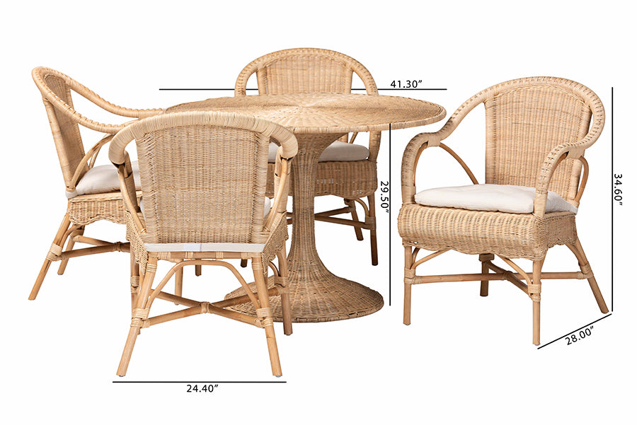 Wicker dining set with round table and four cushioned chairs, shown with dimensions, FredCo International furniture.