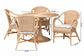 Wicker dining set with round table and four cushioned chairs, shown with dimensions, FredCo International furniture.