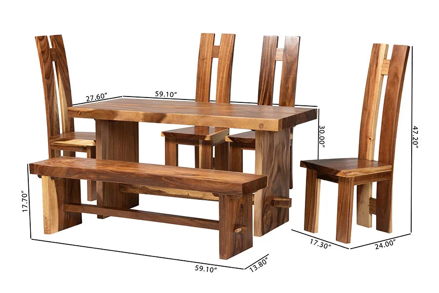 bali & pari Lin Suar Wood 6-Piece Dining Set - Handcrafted Rectangular Solid Wood Table with Four Tall Back Chairs and One Bench, Rustic Modern Kitchen or Dining Room Seating FredCo