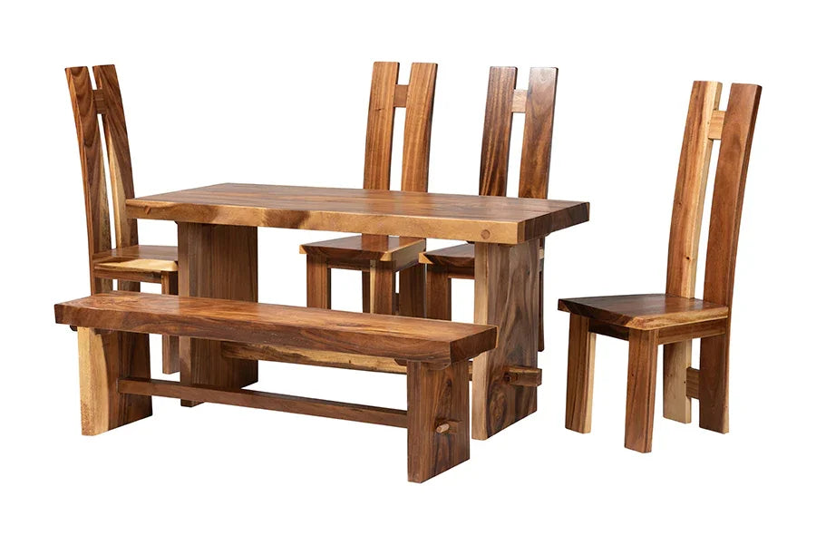 bali & pari Lin Suar Wood 6-Piece Dining Set - Handcrafted Rectangular Solid Wood Table with Four Tall Back Chairs and One Bench, Rustic Modern Kitchen or Dining Room Seating FredCo