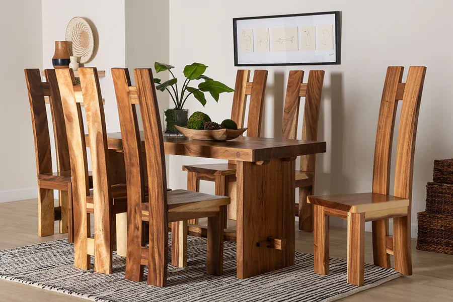 bali & pari Lin Suar Wood 7-Piece Dining Set - Handcrafted Rectangular Solid Wood Table and Six Tall Back Chairs, Rustic Modern Kitchen or Dining Room Seating FredCo