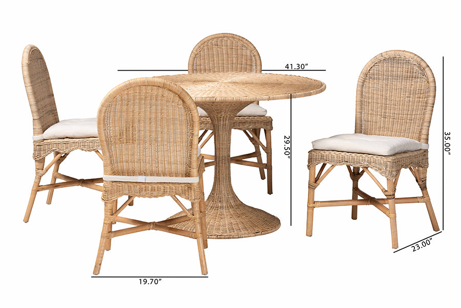 Rattan dining table set with four cushioned chairs, natural finish, with visible measurements.