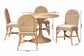Rattan dining table set with four cushioned chairs, natural finish, with visible measurements.