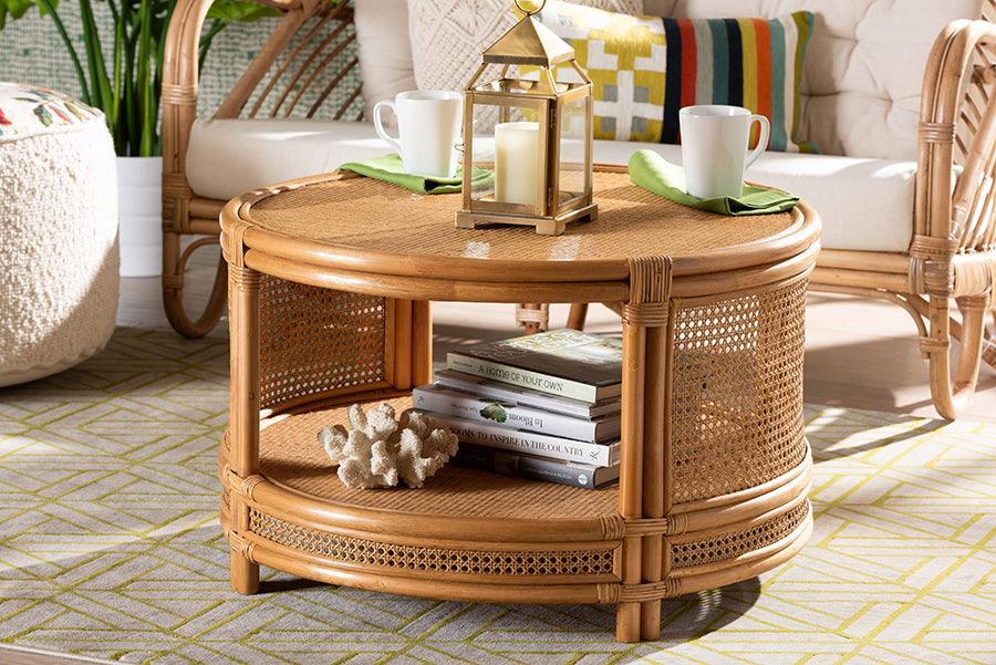 bali & pari Louis Modern Bohemian Natural Brown Rattan Coffee Table FredCo