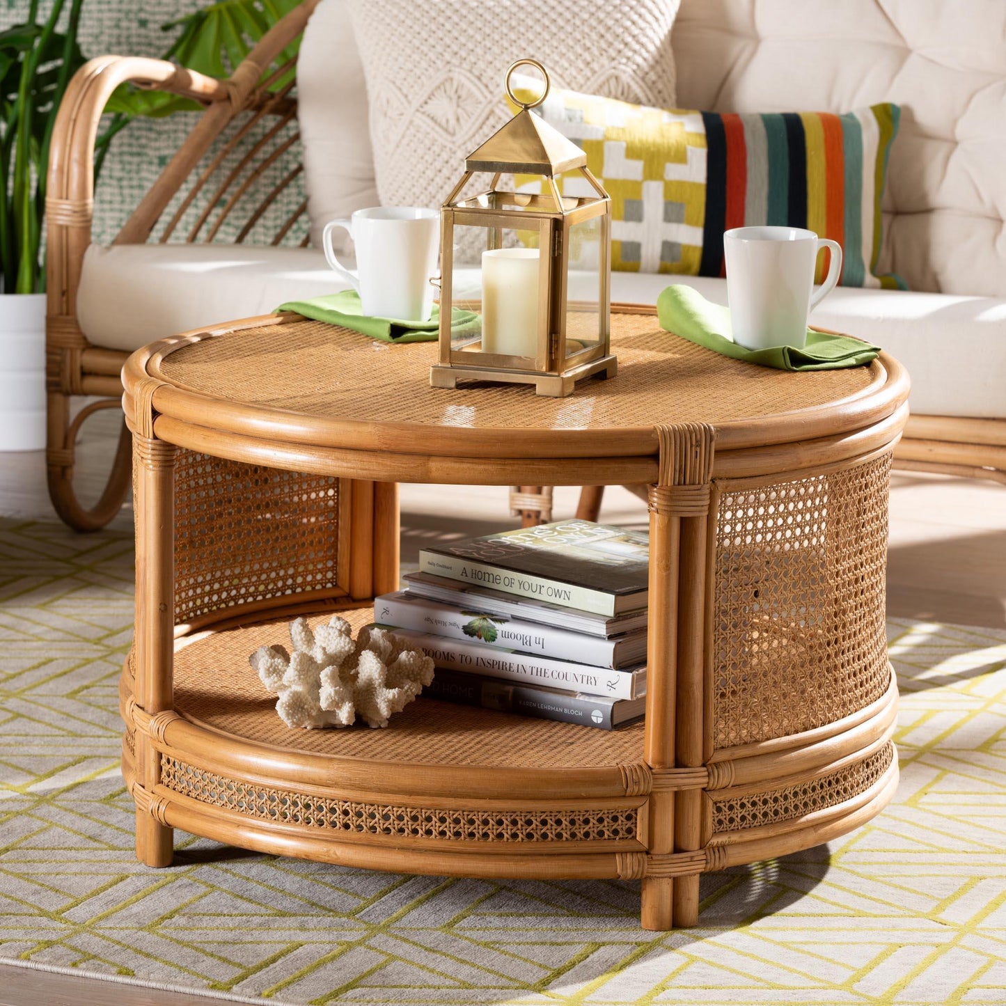 bali & pari Louis Modern Bohemian Natural Brown Rattan Coffee Table FredCo