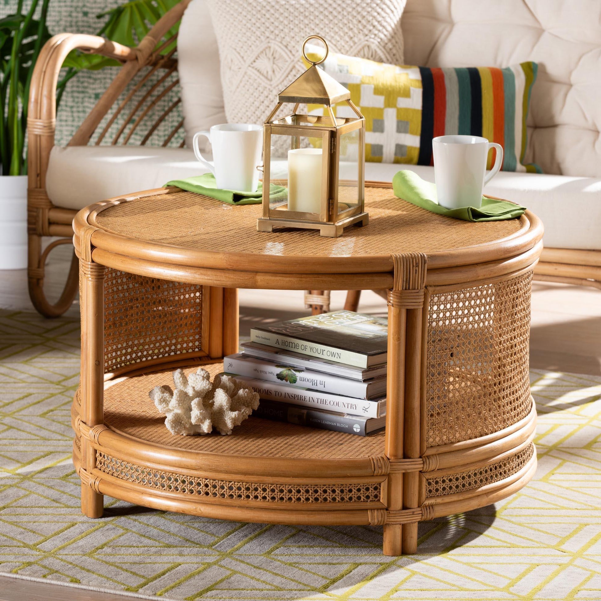 bali & pari Louis Modern Bohemian Natural Brown Rattan Coffee Table FredCo