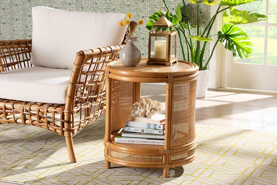 bali & pari Louis Modern Bohemian Natural Brown Rattan End Table FredCo