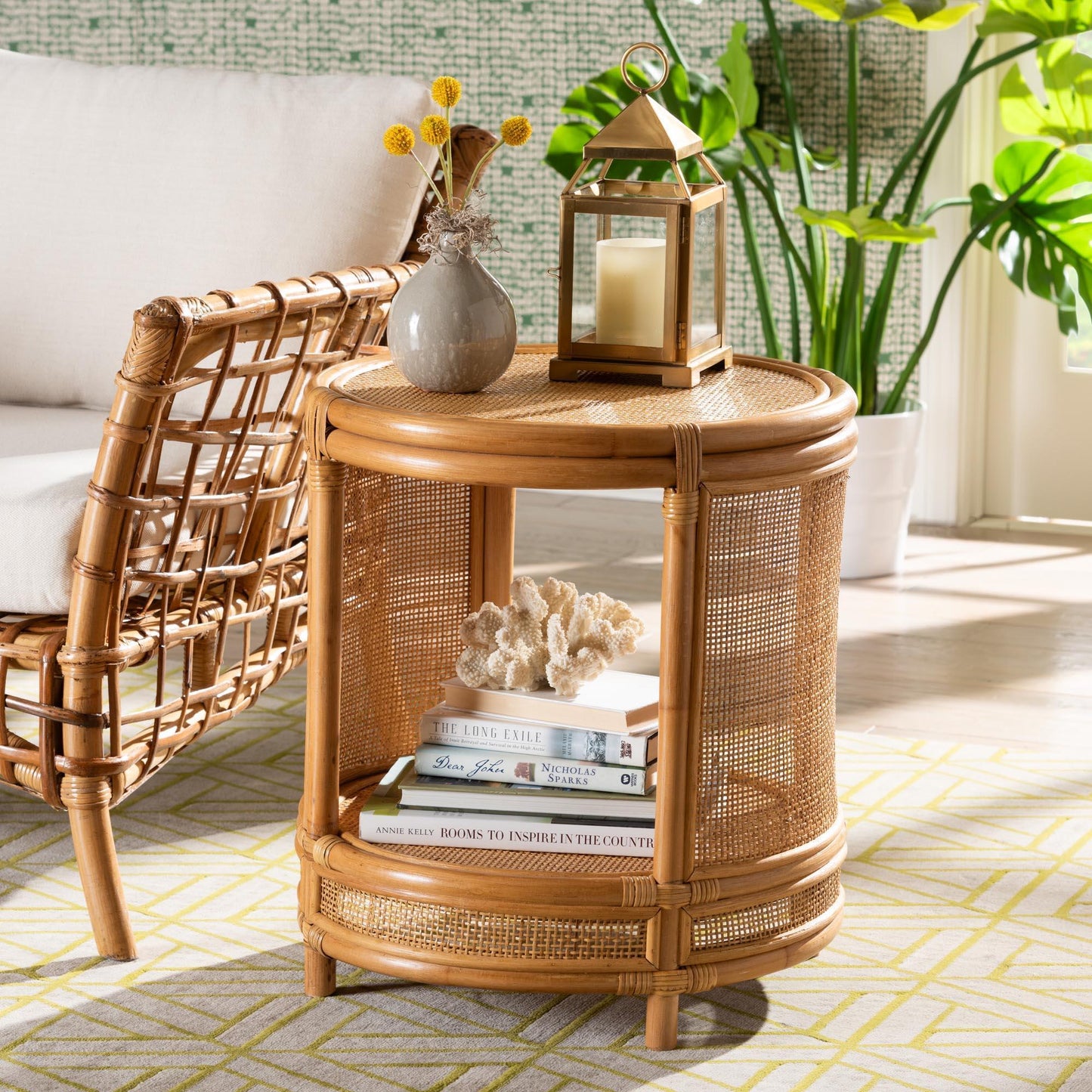 bali & pari Louis Modern Bohemian Natural Brown Rattan End Table FredCo