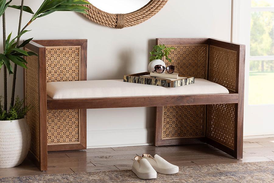 bali & pari Lovina Bohemian Light Honey Rattan and Acacia Wood Accent Bench FredCo