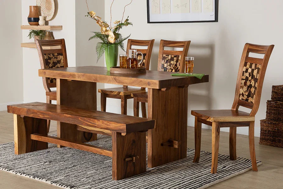 bali & pari Luan Suar Wood 6-Piece Dining Set - Handcrafted Rectangular Solid Wood Table with 4 Mosaic Backrest Chairs and Bench, Rustic Modern Kitchen or Dining Room Seating FredCo