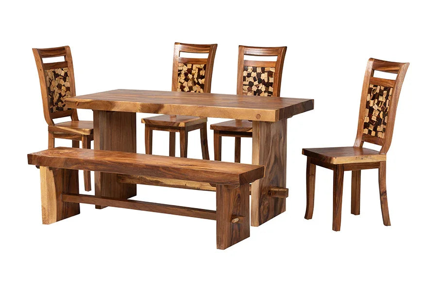 bali & pari Luan Suar Wood 6-Piece Dining Set - Handcrafted Rectangular Solid Wood Table with 4 Mosaic Backrest Chairs and Bench, Rustic Modern Kitchen or Dining Room Seating FredCo