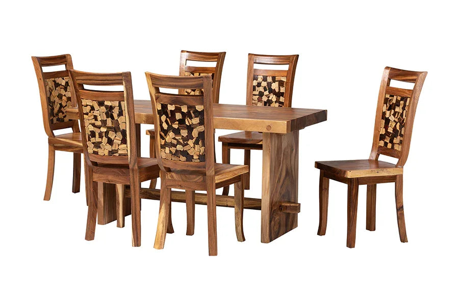 bali & pari Luan Suar Wood 7-Piece Dining Set - Handcrafted Rectangular Solid Wood Table and 6 Mosaic Backrest Chairs, Rustic Modern Kitchen or Dining Room Seating FredCo