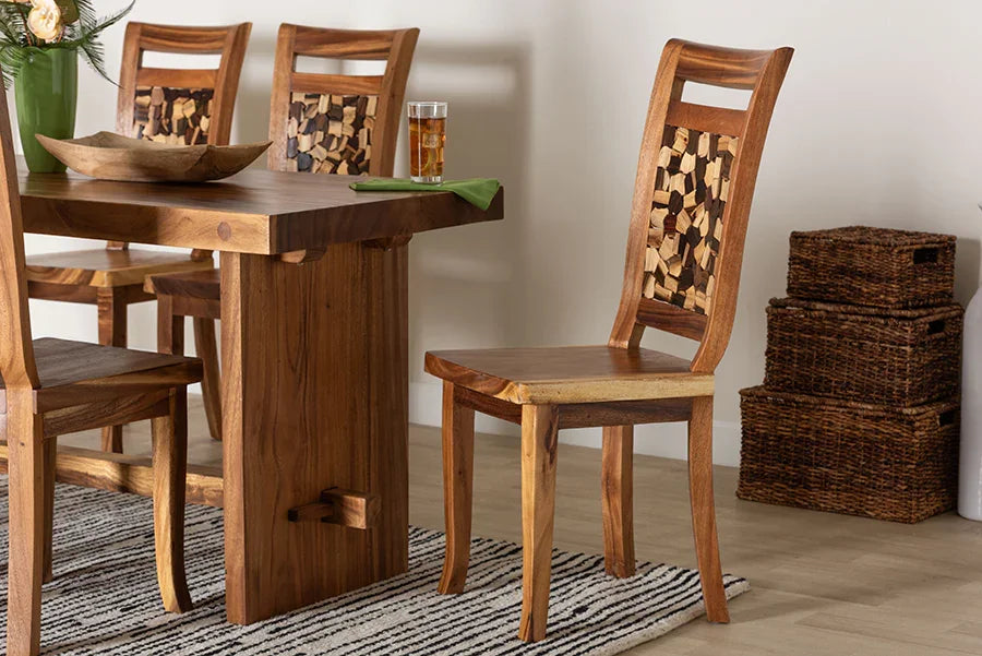 bali & pari Luan Suar Wood Dining Chair - Handcrafted Solid Wood Seat with Mosaic Backrest Inlay, Rustic Modern Accent Chair for Kitchen or Dining Room FredCo