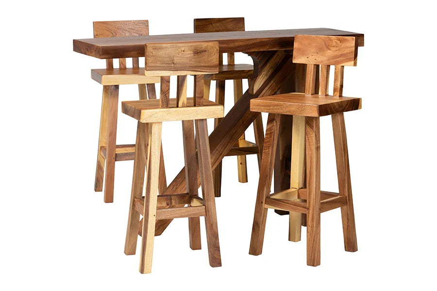 bali & pari Luli 5-Piece Suar Wood Bar Table Set - Modern Bar-Height Dining Set with Sculptural Table and Backrest Stools, Handcrafted Natural Wood Furniture for Kitchen or Entertaining Spaces FredCo