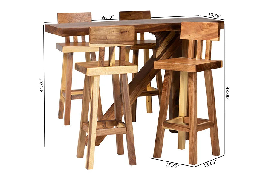 bali & pari Luli 5-Piece Suar Wood Bar Table Set - Modern Bar-Height Dining Set with Sculptural Table and Backrest Stools, Handcrafted Natural Wood Furniture for Kitchen or Entertaining Spaces FredCo