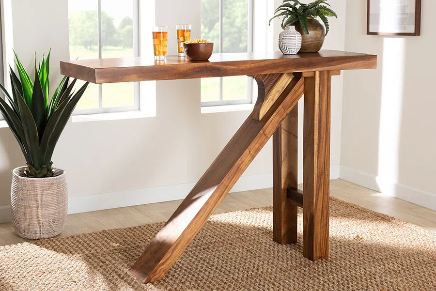 bali & pari Luli Suar Wood Bar Table - Handcrafted Solid Wood Console with Angled Base, Modern Rustic Table for Bar, Kitchen, or Lounge FredCo