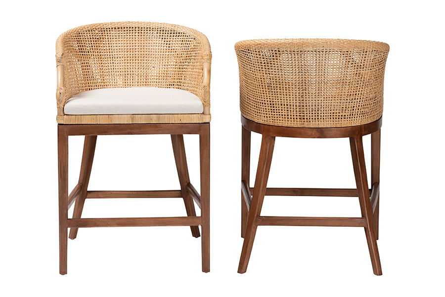 bali & pari Lumajang Bohemian Light Honey Rattan and Wood 2-Piece Counter Stool Set FredCo
