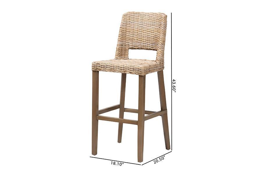 bali & pari Magy Modern Bohemian Grey Kubu Rattan and Mahogany Wood Bar Stool FredCo