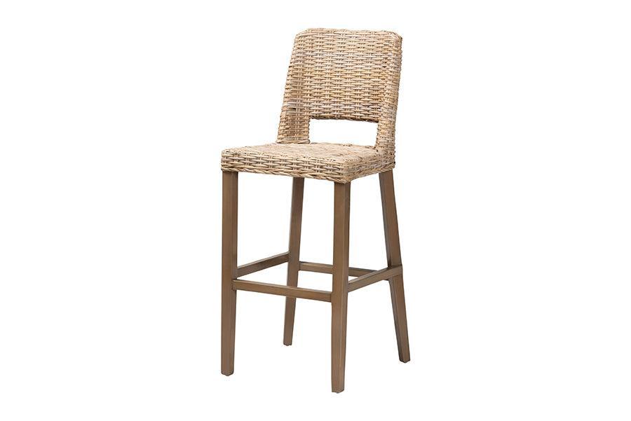 bali & pari Magy Modern Bohemian Grey Kubu Rattan and Mahogany Wood Bar Stool FredCo